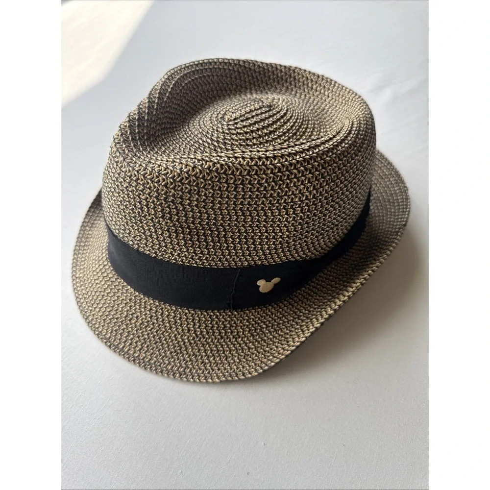 Disney Parks Mickey Mouse Woven Straw Fedora Hat Tan Black Adult Authentic